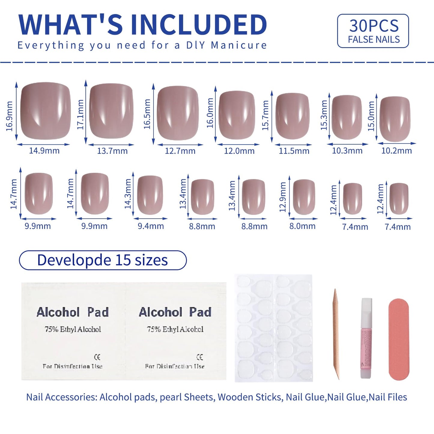 Stbisen Caramel Brown Press On Nails Short, Glossy Soft Gel Square Fake nails, 15 Sizes - 30Pcs, Thick Natural Reusable Glue On Nails for Women Gift, Suitable for Work, Office Settings and Everyday
