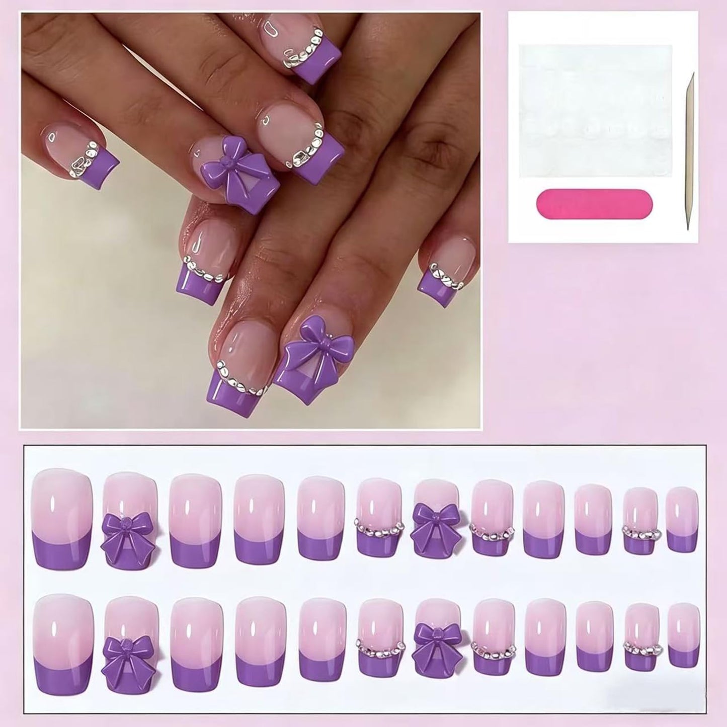 Purple French Tip Press on Nails Square Fake Nails with Rhinestone Designs Medium Nails Press ons Bow Full Cover Stick on Nails Soft Artificial Acrylic Nails 24Pcs,12 Size Women Girls Art Kit