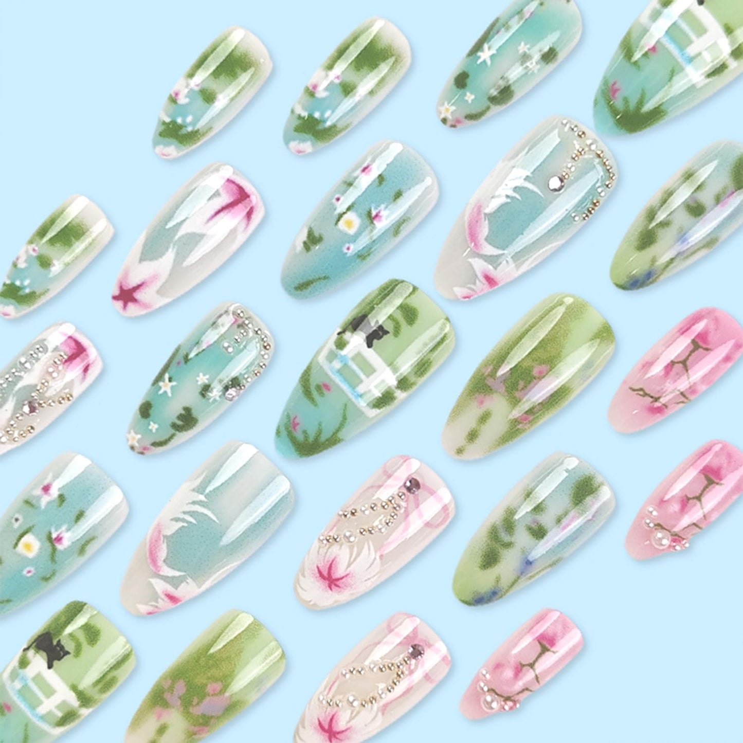 30Pcs Green Flower Press on Nails Medium Almond Fake Nails with Pearl Rhinestones Designs Cute Cat False Nails Bow Stick on Nail Flowers Pastoral Acrylic Nails Glue on Nail for Women Daily Wear