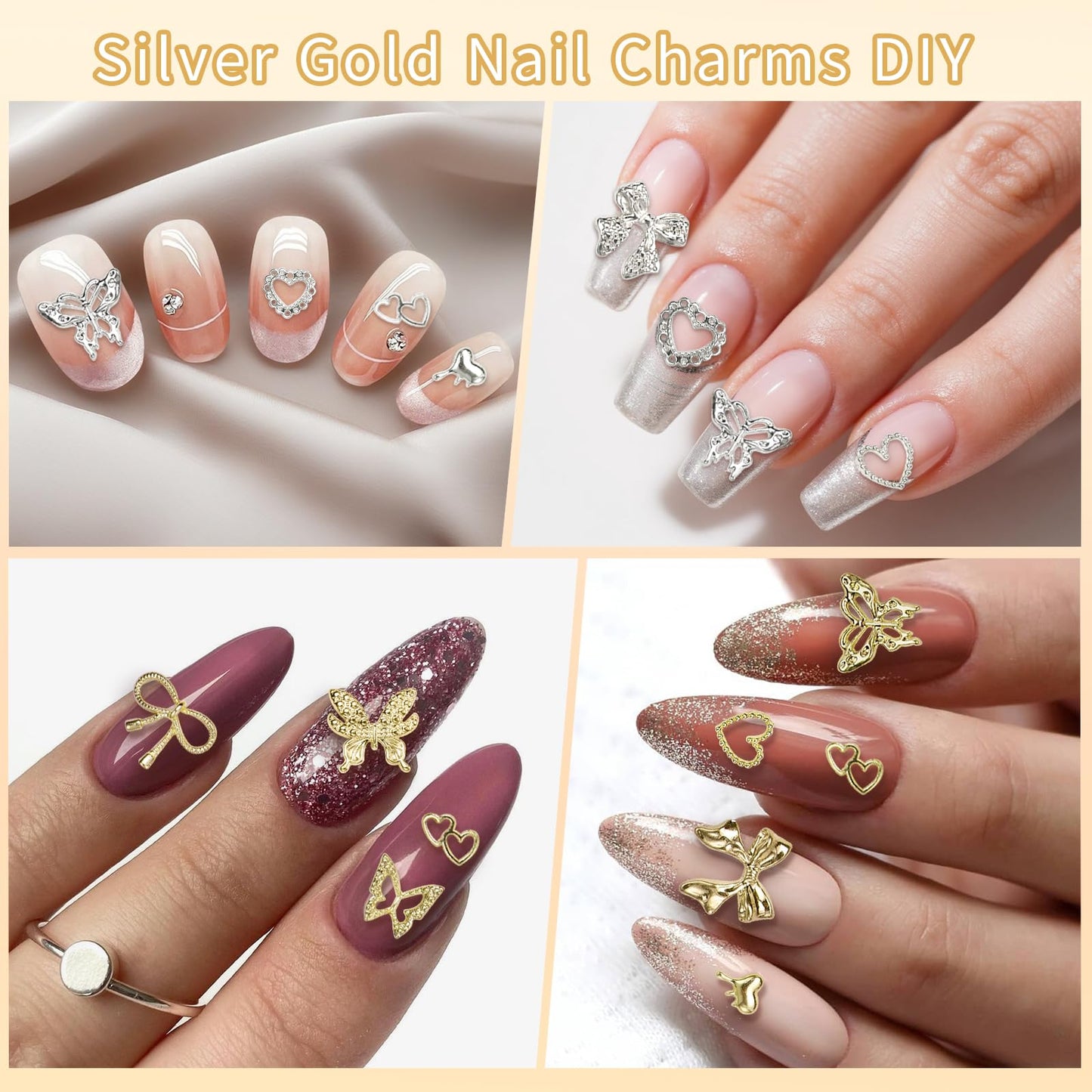 240 Pcs Alloy Gold Silver Nail Charms, Butterfly Heart Bow Gold Silver Nail Charms and Gems, 3D Y2K Metal Nails Jewels for DIY Nails Design Craft