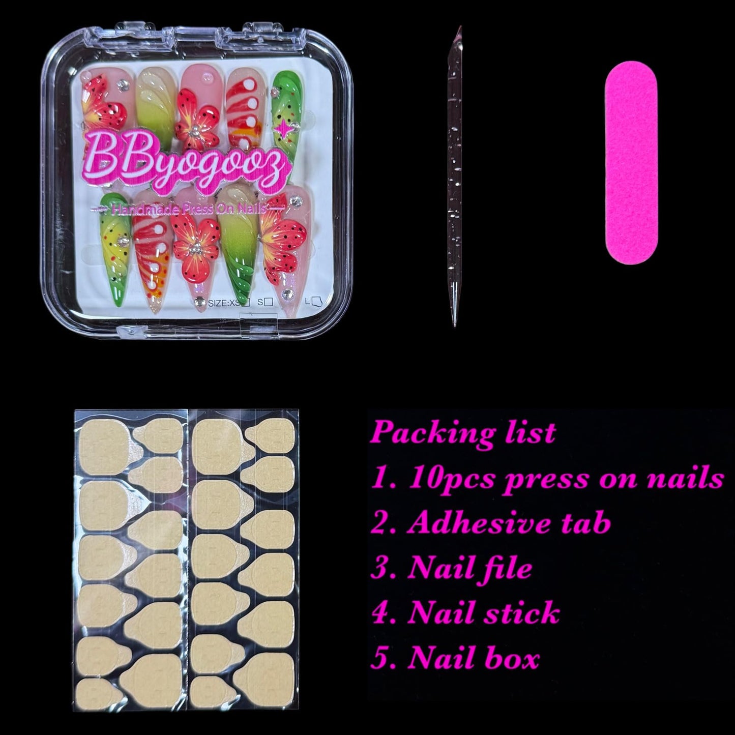 Handmade Press On Nails, Stiletto Shape, 3D Floral Botanical Muse Art, Vibrant Multi-Color Design, Thick Acrylic Fake Nails Set Tropical (M)