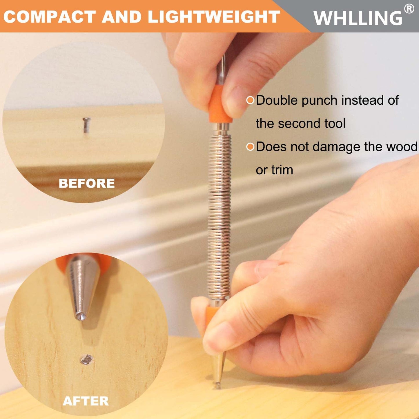 WHLLING 4 Pieces Dual Head Nail Setter, Dual Head Center Punch, Door Hinge Pin Removal Tool and Cold Chisel, Spring Nail Set, Spring Loaded Punch（1/8-in, 3/32-in, 3/16-in, 1/16-in, 5/16-in, 1/8-in）