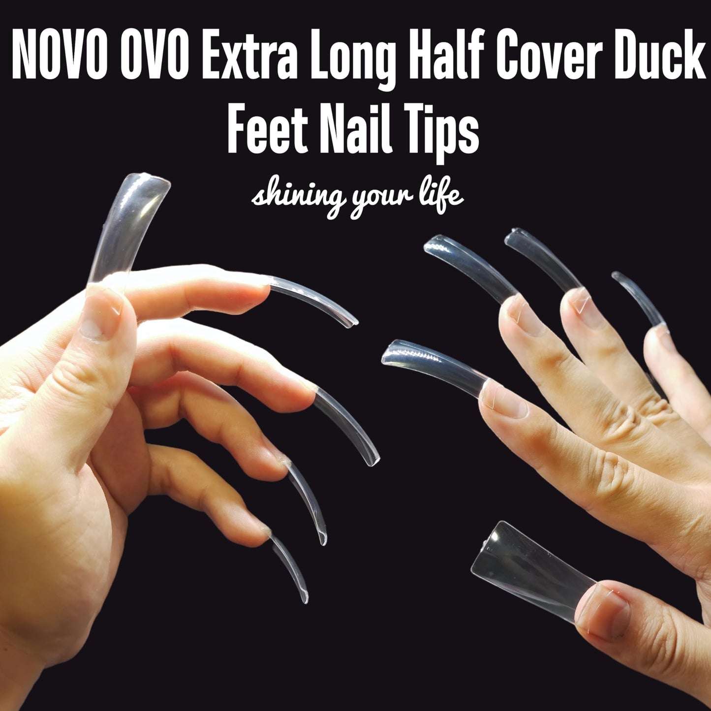 NOVO OVO XXL Long Duck Feet Nail Tips Half Cover for Acrylic, Clear Soft Gel No C Curve XXXL Extra Super Long Flare Y2K Wide French False Nail Extension x 11 Sizes in Box 308 pcs