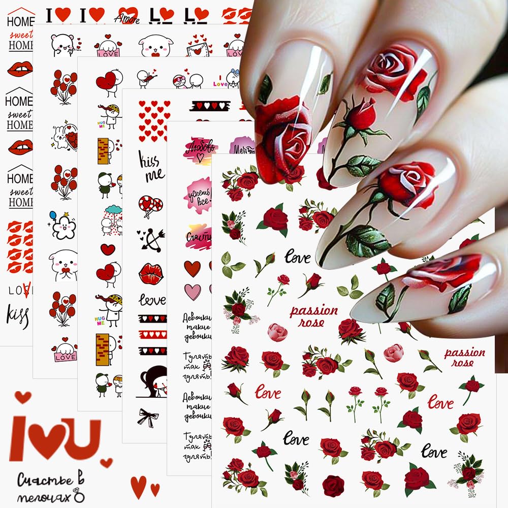6 Sheets Valentine's Day Nail Stickers for Nail Art, 3D Self-Adhesive Rose Heart Nail Decals, Kiss Flower Love u Nail Supplies Nail Art Design Accessories for Women and Girls Manicure DIY Decoration