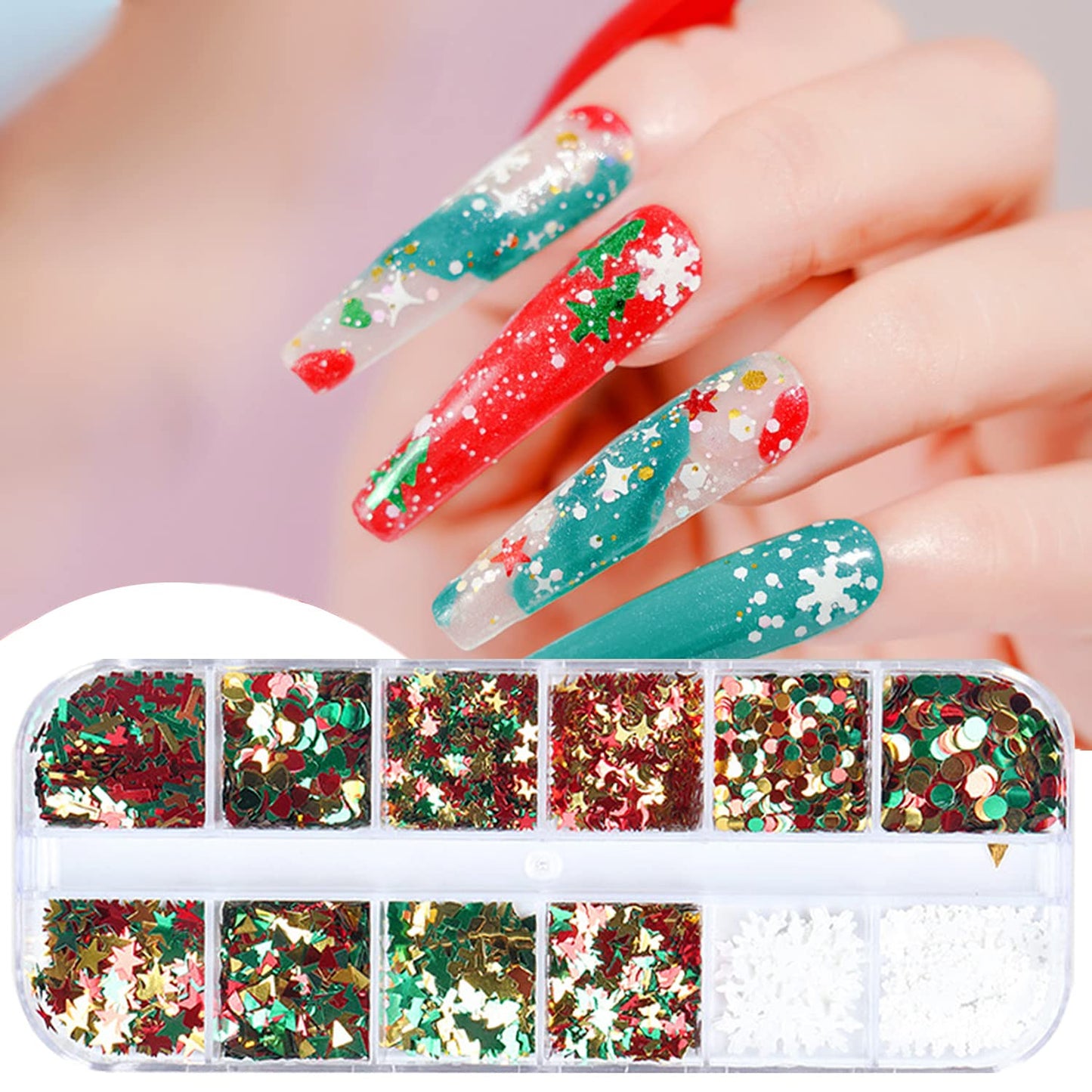 Christmas Glitter Nail Art Sequins, 3D Christmas Tree Snowflakes Love Heart Stars Circle Nail Sparkly Flakes Design Supplies for Women Girls Manicure Holiday Decorations, Xmas Resin Nail Art Tips