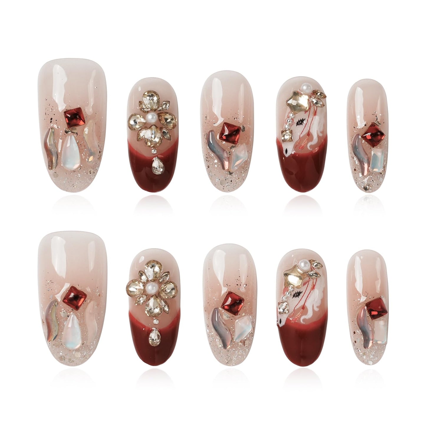 Tesytto Handmade Press on Nails Medium Almond, Luxury 3D Rhinestone Crystal Flower & Red Gem, Nude Burgundy Ombre Glitter Fake Nails with Pearl Aurora Shell Design (Crimson Crystal Butterfly Glow,S)