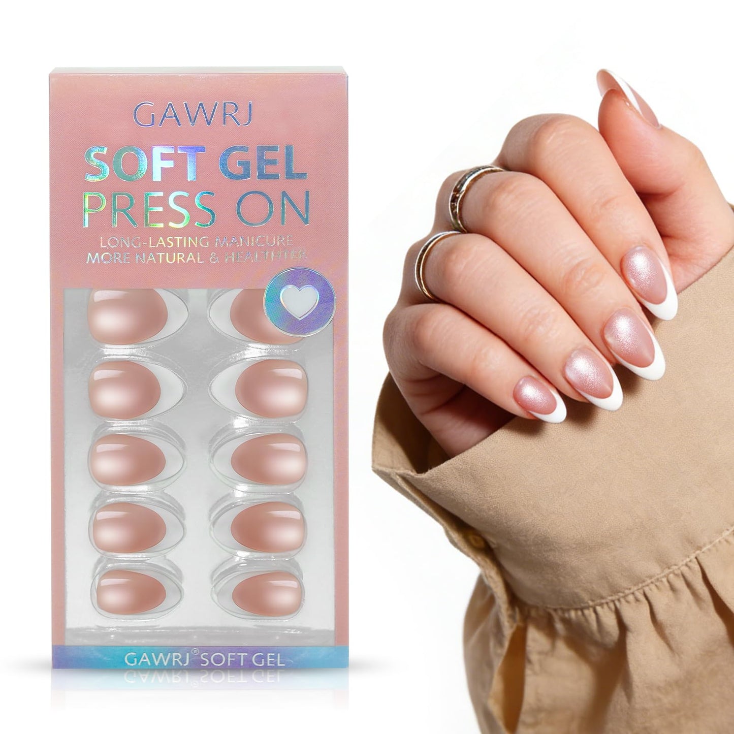 GAWRJ Press On Nails Short - Brown Nail Tips, French Tip Cat Eye Almond Press On Nails with Glue and Adhesive Tabs for Women in 16 Sizes - 32 Soft Gel Glue On Nails Kit