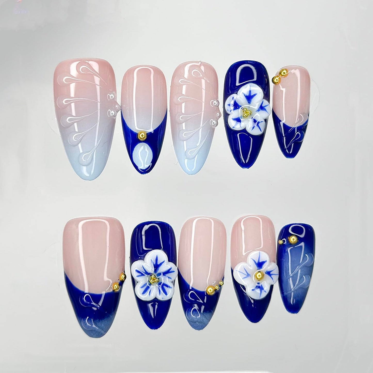 Luxury Press on Nails Medium Almond Handmade 3D French Tip Unique Reusable ABS Material Fake Nails Blue False Nails with Designs Pearls Floral Art Petal Glossy Glue on Nails Thick Acrylic Nails(S)