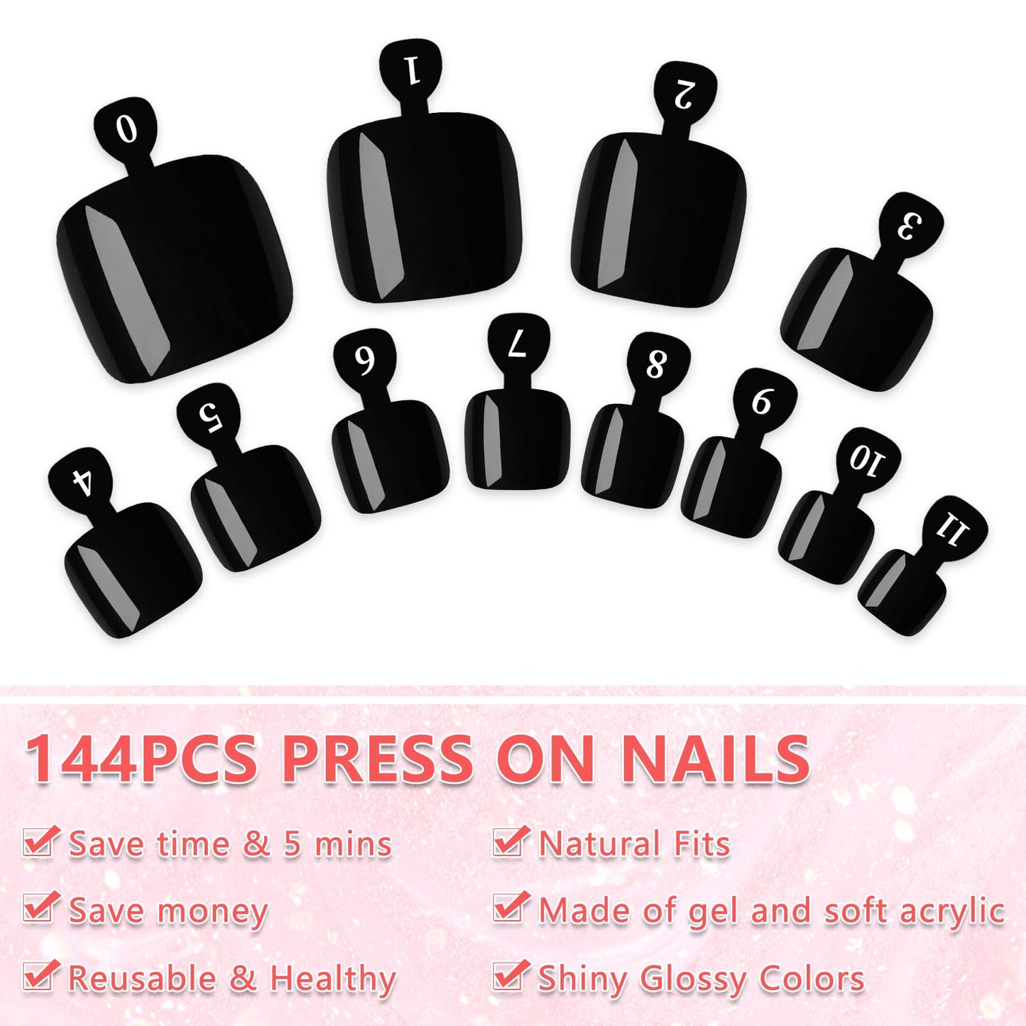 EternalClassic 144pc Press on Toenails for Women Toe Nail Press ons Short Square with Glue&Jelly Glue, Black Fake Toe Nails Glue on Toe Nails, Full Cover Acrylic Artificial Toe Press on Nails