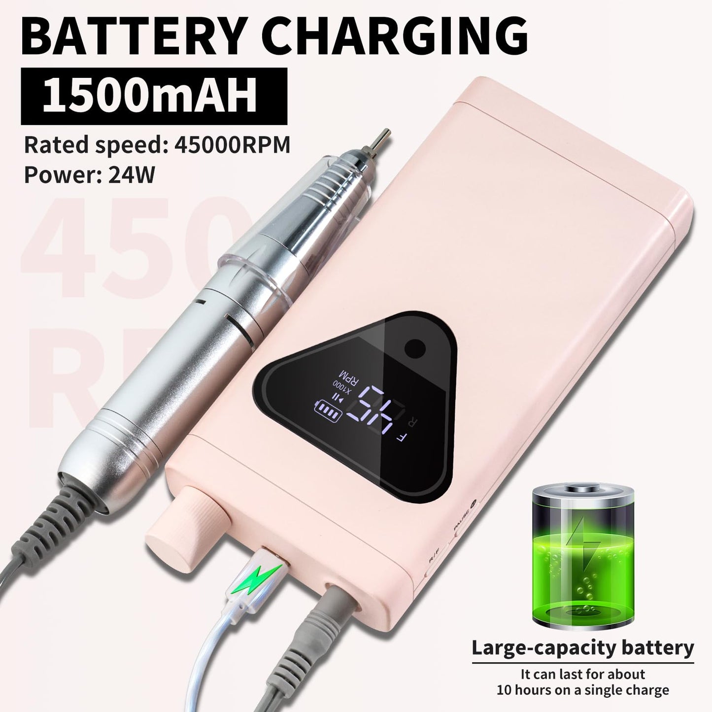 Professional Cordless Nail Drill Kits 45000RPM Electric Nail File for Acrylic Nails Removing and Polishing Gel Nails Lightweight and Easy to Use Ideal for Home and Salon Manicure Pedicure (Pink)