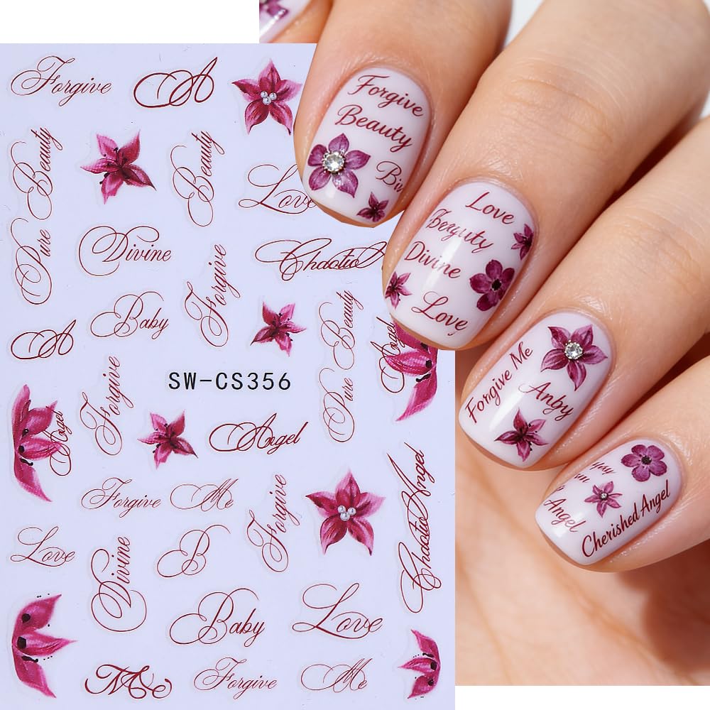 Flowers Nail Art Stickers Retro Cherry Blossom Petals Nail Art Decals 6Sheets 3D Self-Adhesive Lavender Floral Nail Stickers Purple Flower Letter Nail Decals for Women Summer Manicure Decorations