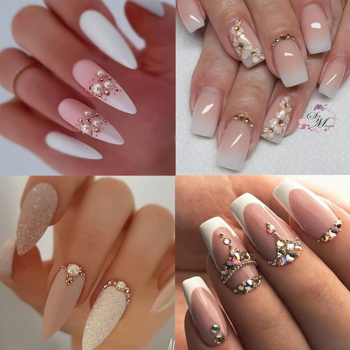 SEMATA White Nail Art Pearls Charms Mixed Size Nail Gems Flatback Nails Rhinestones Pearls Gold Silver Caviar Nails Beads Art Accessories Decoration Design for Women