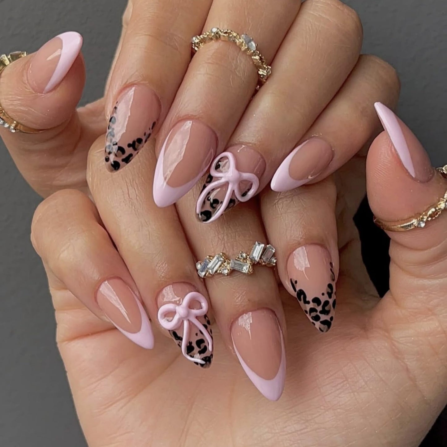Almond Press on Nails Long Fake Nails French Artificial Nail Pink Bow Designs Cute Stick on Nail for Women 24pcs