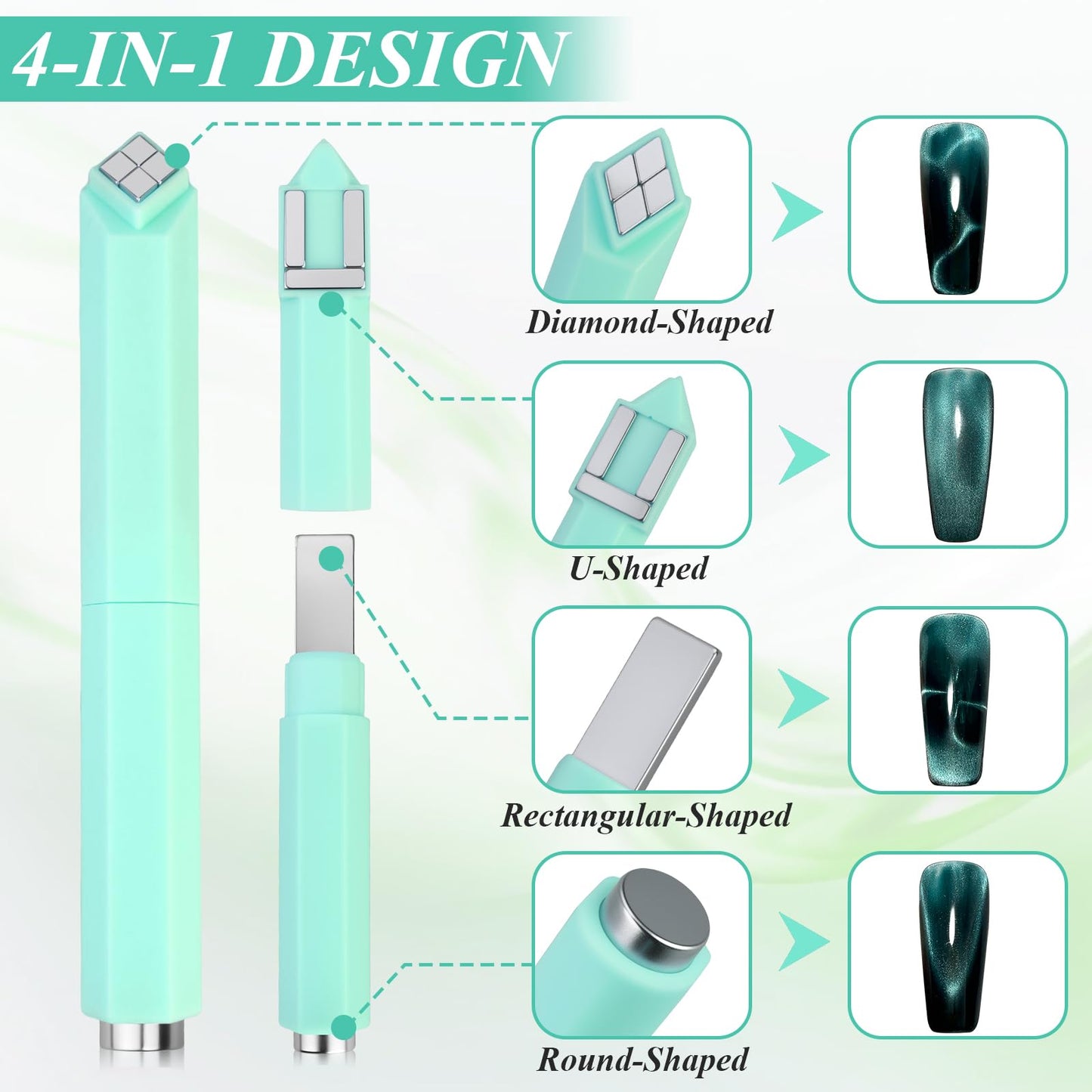 Plman 4 in 1 Cat Eye Nail Magnet, Multifunctional Cat Eye Gel Nail Polish Magnet, Beginner-friendly Cat Eye Magnet for Nail, Nail Magnet Tool for Nail Art DIY Home, Salon, Studio (4 in 1 Set-Green)