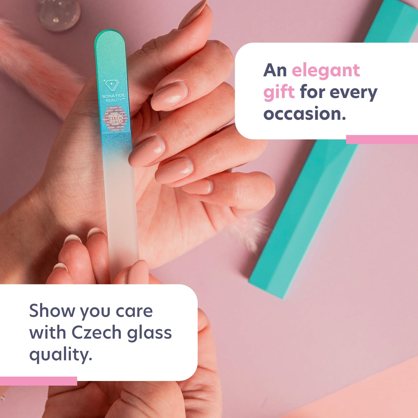 Bona Fide Beauty Glass Nail File with Case (Aqua) - 1 Piece Luxurious Gifts for Women, Crystal Etched Nail File for Natural Nails