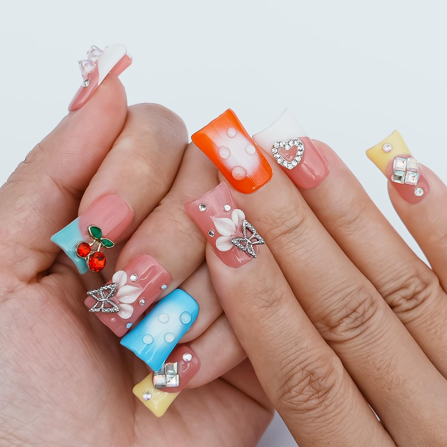Tesytto Handmade Press on Nails Short Duck - 3D Floral Metallic Butterflies False Nails Luxury Rhinestone Cherry Petal Flower Design, Reusable Thick Acrylic Full Cover(Spring Bloom Pop,L)