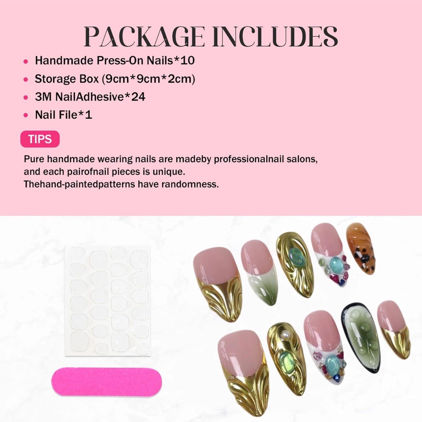 Almond Press on Nails Short Handmade Fake Nails 3D Rhinestones False Nails with Glue Gold Sparkly Reusable ABS Nails Press Ons Luxury Embossed Designs French Tip Stick on Nail for Women (Size M)