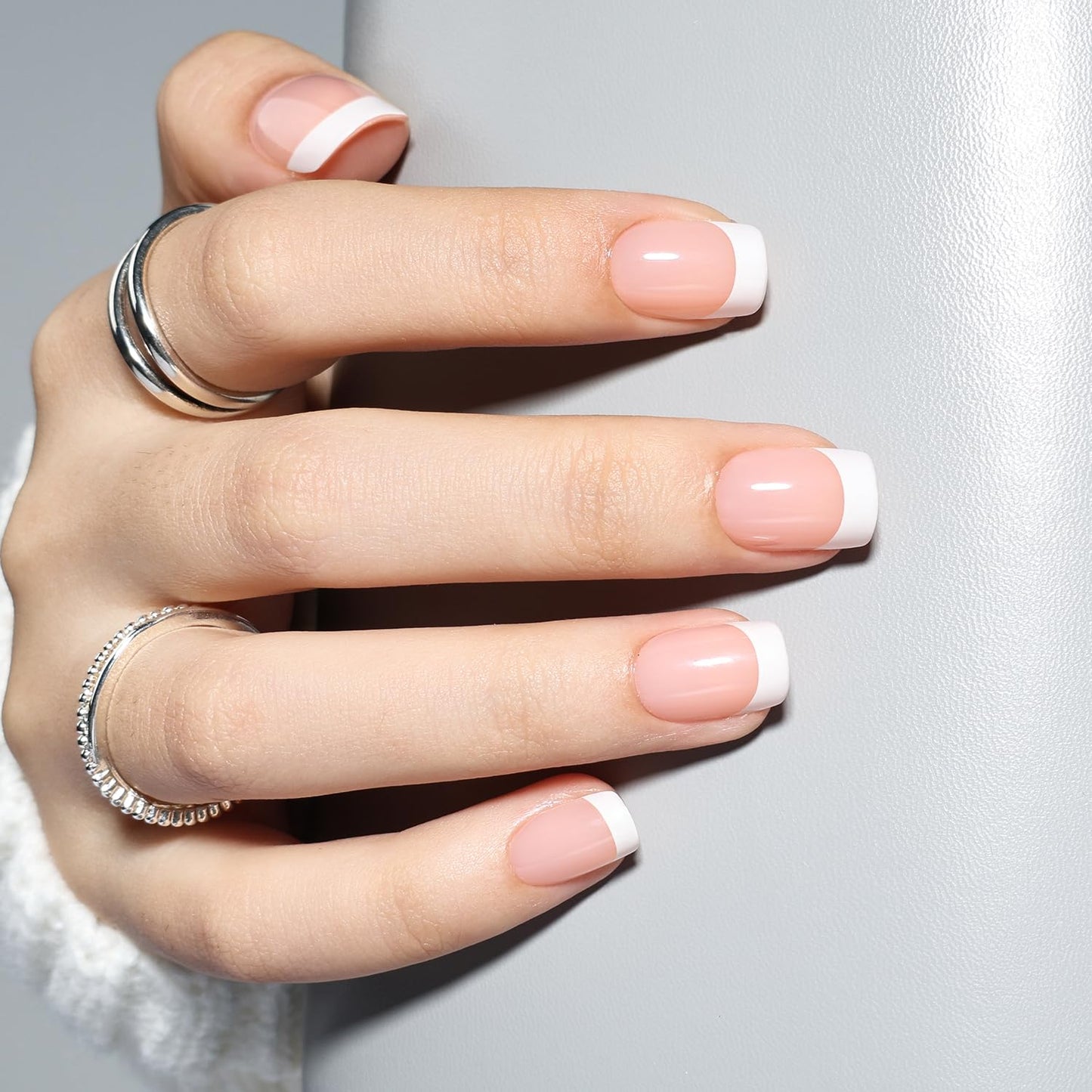 Leefrei French Tip Press On Nails, Short Square Press on Nails White Nails Press Ons for Women Fake Nails with Glue, Glossy Reusable Glue on Nail in 15 Sizes - 30pcs, Porcelain French