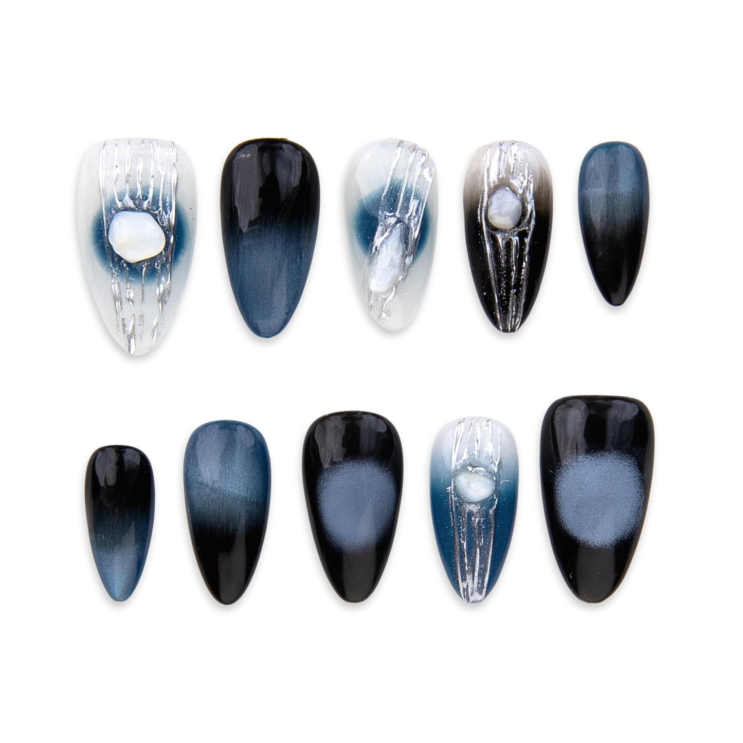 SIYOU Beauty | Dark Aurora | Navy Blue and White Ombre Dark Short Almond Press On Nails for Women (Small) - Reusable, Salon-Quality Fake Nails (10pc)