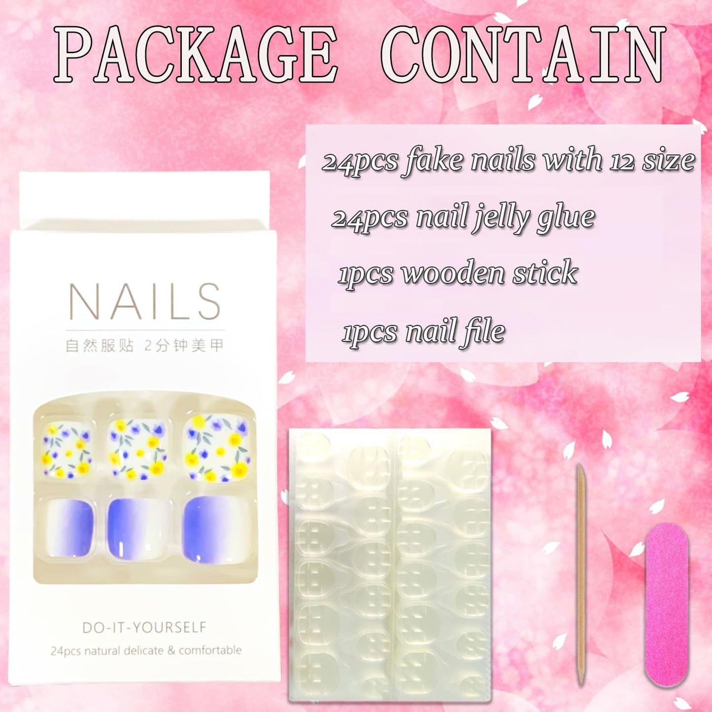 Press on Toenails with Flower Designs, Artificial Purple Fake Nails for Toe, Full Cover Glossy Coffin Acrylic False Nails, Glue on Toenails with Charm, Stick on Toe Nails for Women Girls(F114)