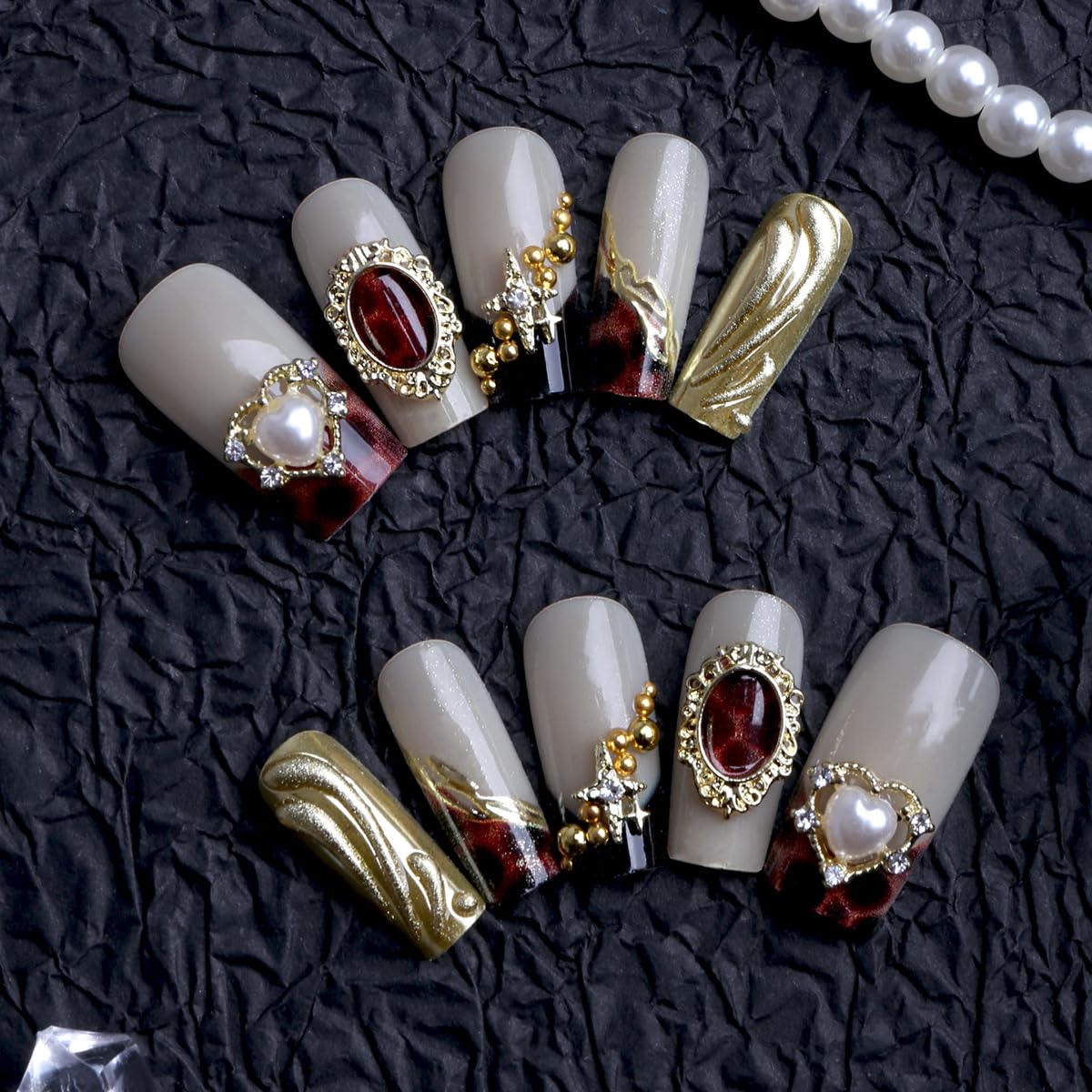 plalely Press on Nails French Tip, Handmade Acrylic Press on French Tip Nails with Flower Designs，Long Square Nail Press Ons for Women 24pcs