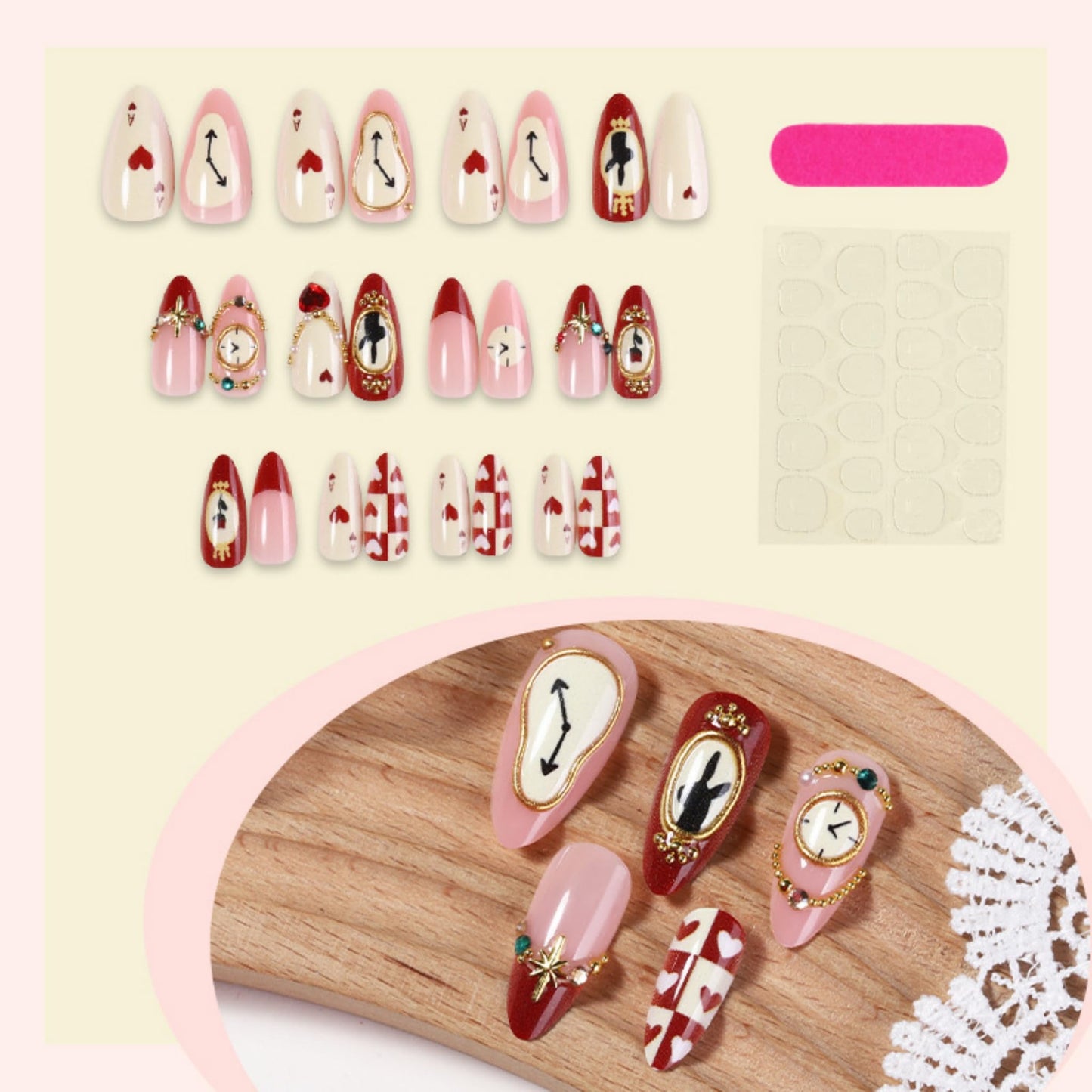 Almond Press on Nails Medium Fake Nails Red Artificial Nail Cherry and Heart Love Designs Gold Charm Stick on Nail for Women 24pcs