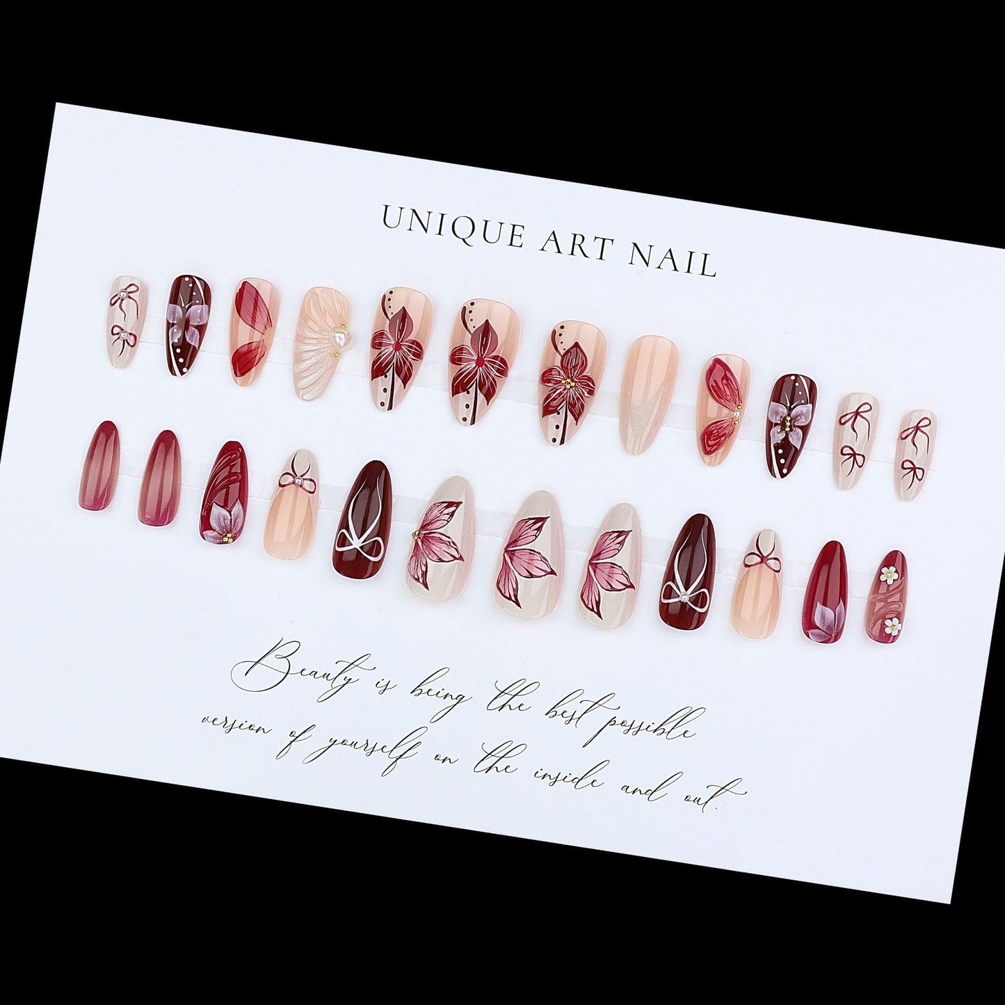 plalely Almond Press on Nails Long Wine Red Fake Nail3D Flowers Charm Acrylic Nail Press ons with Embossed Design Stick on Nails for Women 24pcs