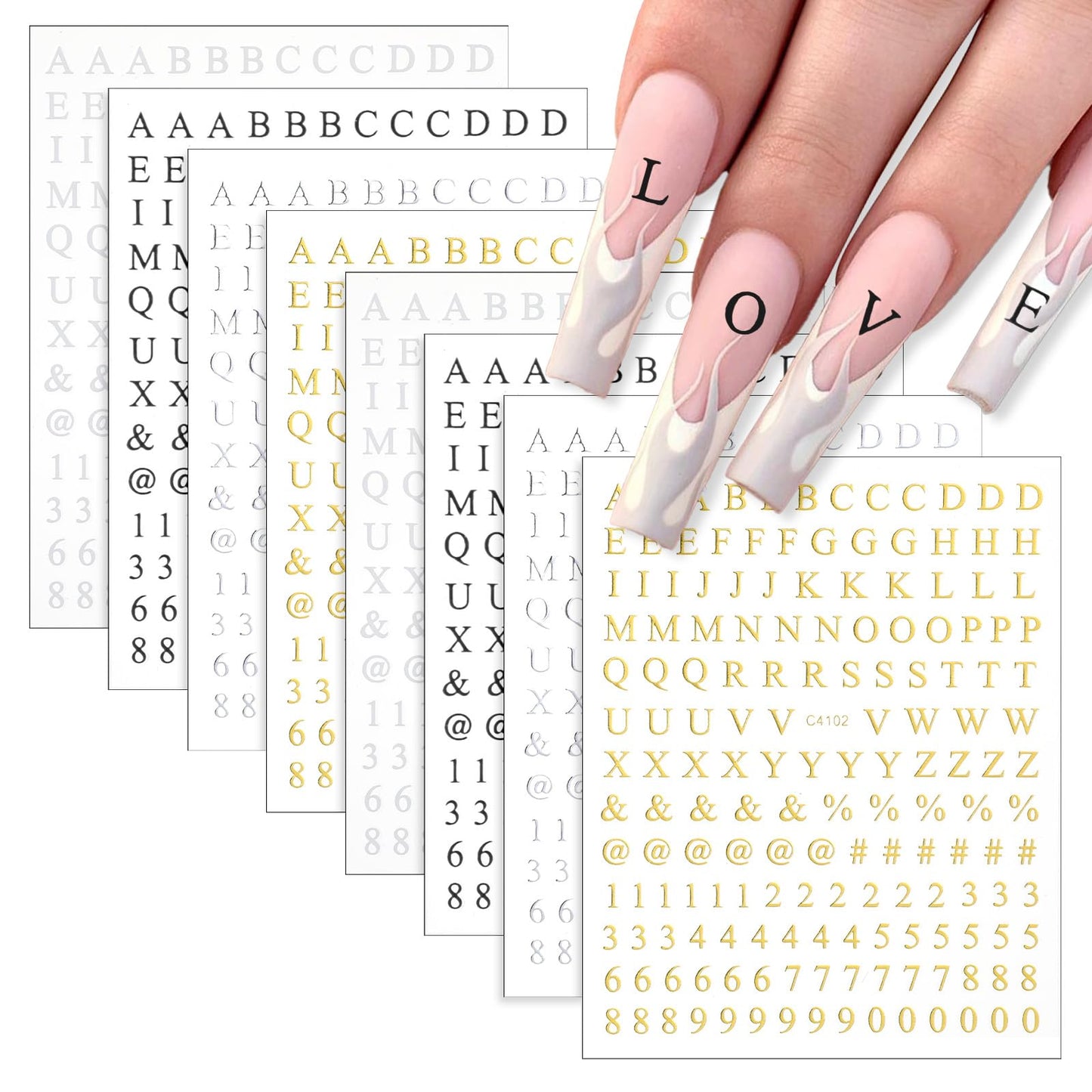 8 Sheets Letter Nail Stickers for Nail-Art, Holographic Digital Letter Nail Art Stickers Alphabet Numbers Nails Decals 3D Black Silver Gold Nails Letters Sticker for Women Girls Manicure DIY