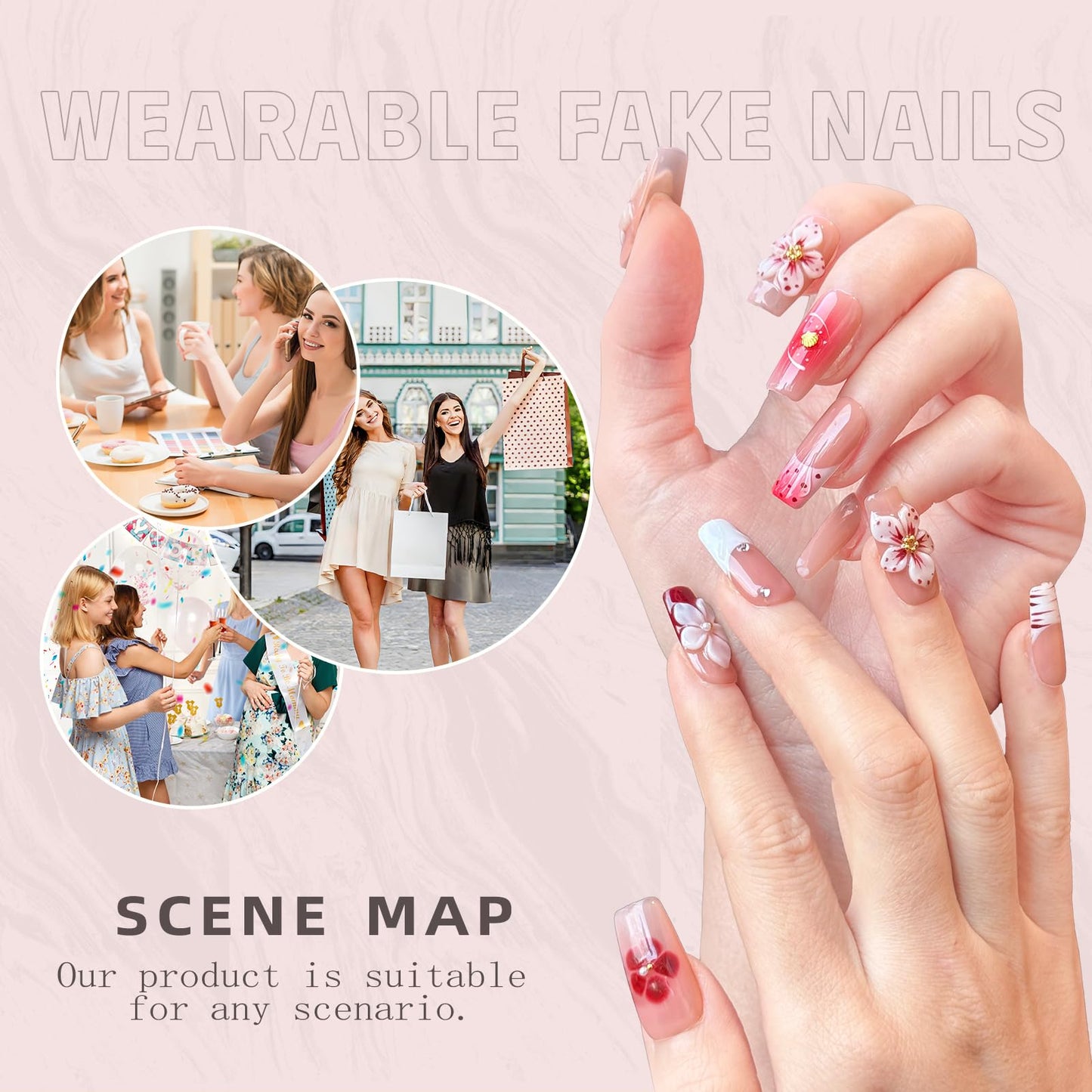 Nude Pink Handmade Press on Nails – Long Coffin Shaped Fake Nails with Rhinestones & Flower Designs | Full Cover Thick Acrylic & Multi-Layer Gel Stick on Nails Spring Pattern (S-10PCS)