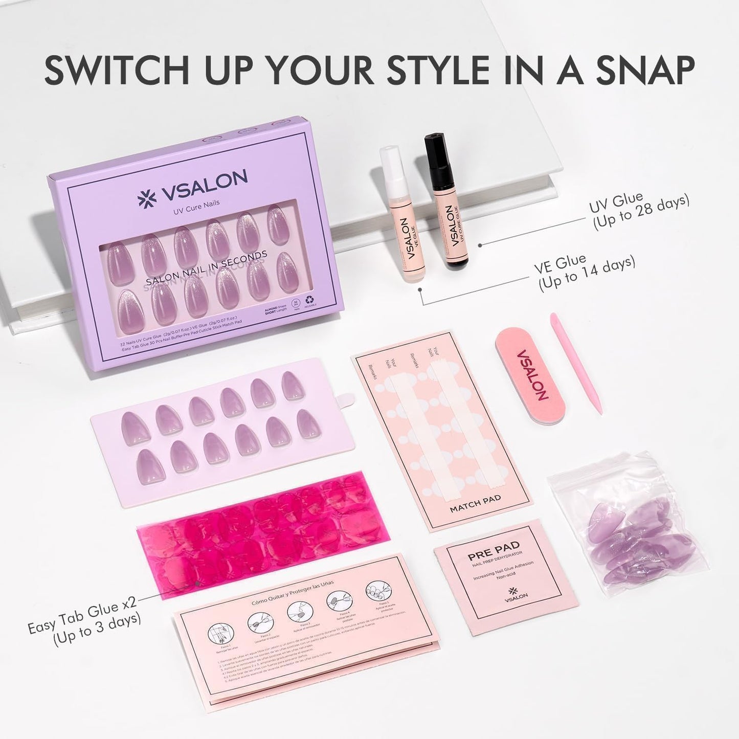 VSALON Almond Short Press On Nails, Pastel Light Purple Summer Ombre Sheer Cat Eye French Tip Light Curable Fake Nails, Reusable Stick On False Nails - 32 Pcs Nails Kit in 16 Sizes with Glues