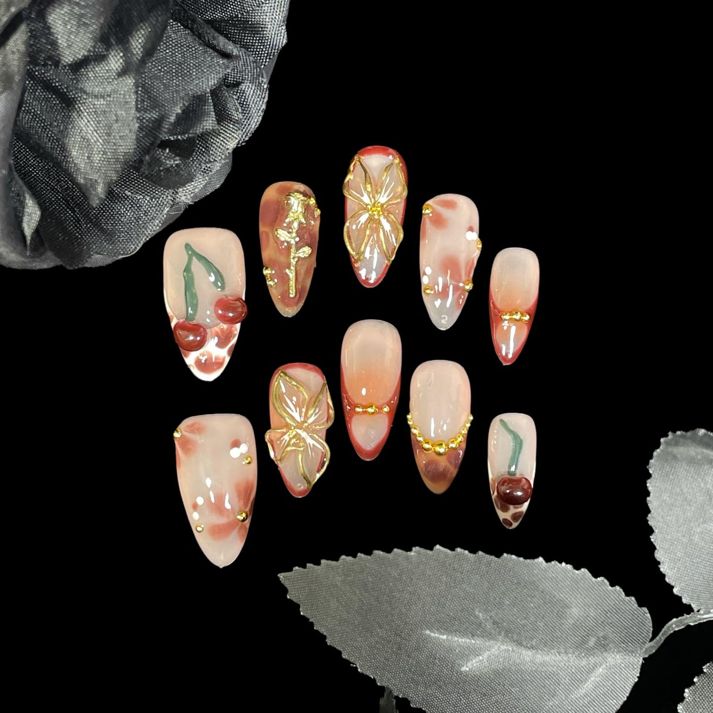 Handmade Press On Nails Medium Almond Elegant 3D Cherry & Gold Floral Accent False Nails | Nude Pink Base with Wine-Red Tips, Reusable Acrylic Fake Nails (Wine Cherry, S)