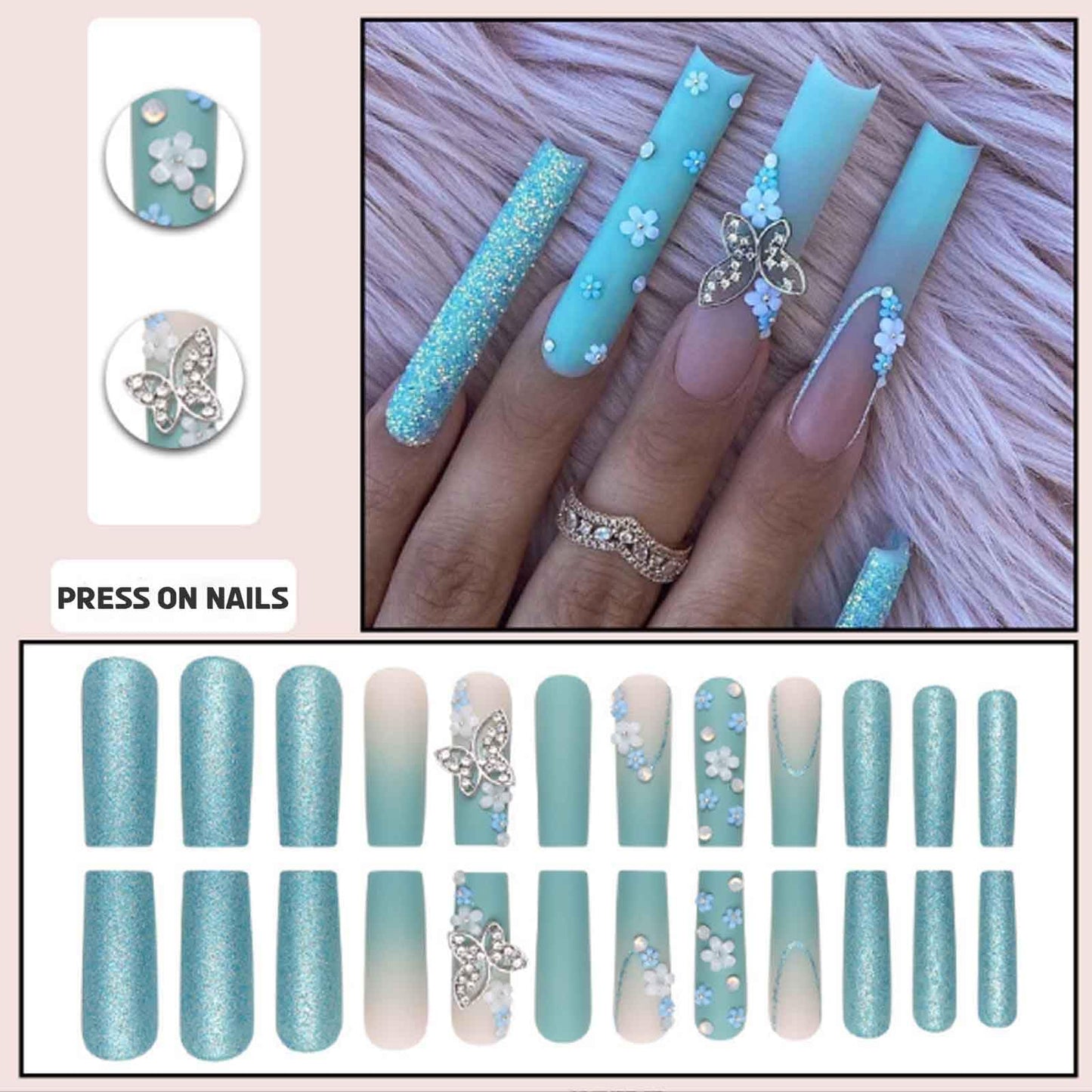 DANMANR Gradient Press on Nails Matte Fake Acrylic Long Blue Nails Square French Full Cover Butterfly Fake Nails for Women and Girls 24PCS