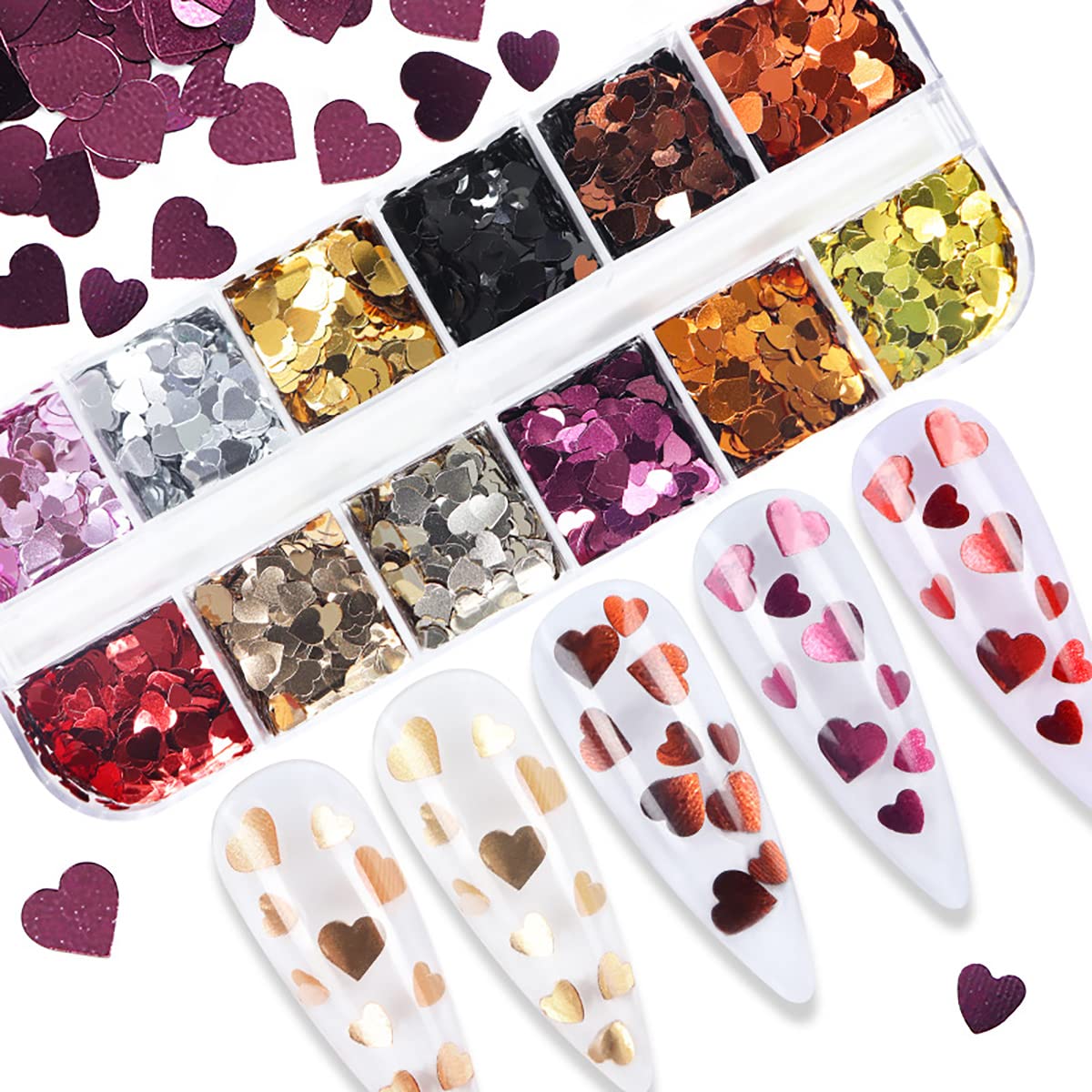 12 Grids 3D Heart Nail Art Stickers - Holographic Laser Nail Glitter Sequins Love Decals for Valentine's - Gold, Red, Black, Silver Glitter Flakes for Nail Art Decoration