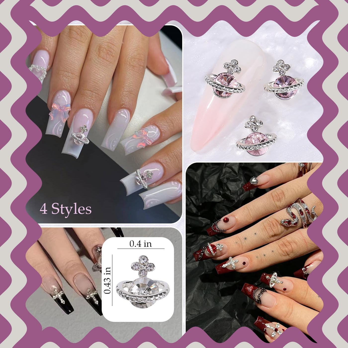 60pcs Planet Nail Charms with Gems, Y2K Sliver Cross Nail Art Charms, 3D Chrome Nails White Pink Saturn Shape Shiny Rhinestones Nail Supplies, Crystal Acrylic Charm for Women