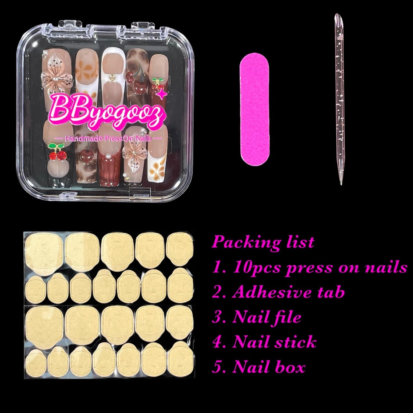 Handmade Press On Nails Square 3D Floral Cherry Blossom Leopard French Fake Nails wtih Design, Reusable Acrylic False Nails Gift Set (Cherry, m)