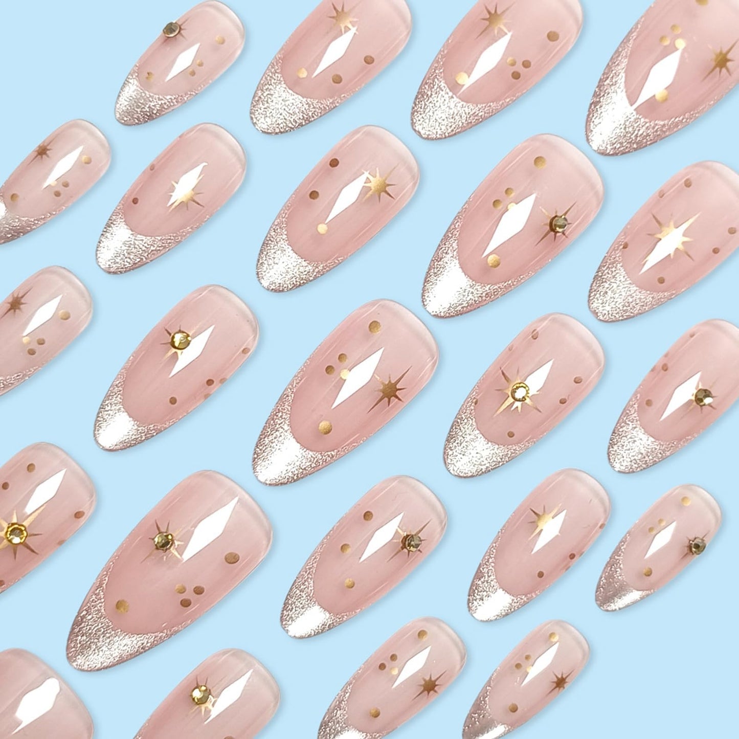 IMRAIN Almond Press on Nails Medium Fake Nails Green Cat's Eye French Tip False Nails with Golden Star Designs Glossy Full Cover Bling Stick on Nails for Women Girls 24Pcs