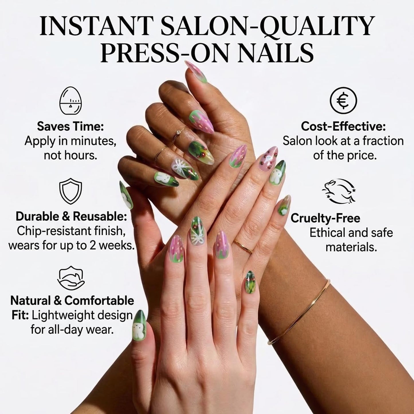 IMSOHOT Medium Almond Press on Nails, Kawaii Bunny & Strawberry Design, 24 Pcs Glossy Fake Nails with Glue for Women Girls