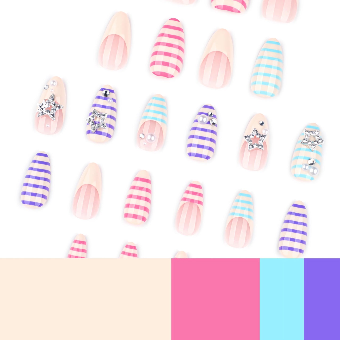 BABALAL Stripe Press on Nails - Medium Almond Fake Nails, Colorful Summer Design with Star Charm, Cute Y2K Salon Manicure Set 24PCS