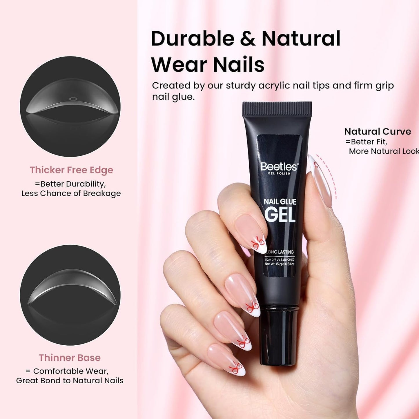 Beetles Gel Nail Kit Medium Almond with Dehydrator and Primer, 576Pcs Half Matte Etch-X Gel Nail Tips Solid Glue Mini Lamp Acrylic Nail Tips Easy DIY Nail Extension Set Gift for Women