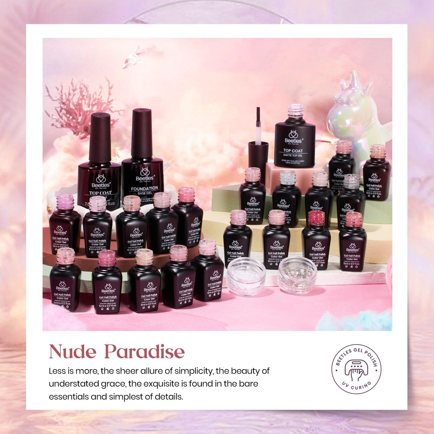 Beetles Nude Pink Gel Nail Polish Set, Nude Paradise Gel Polish Kit 25PCS 20 Colors Jelly Pink Sheer Glitter White Soak Off UV Base Glossy Matte Top Coat Nail Charms Gift for Women