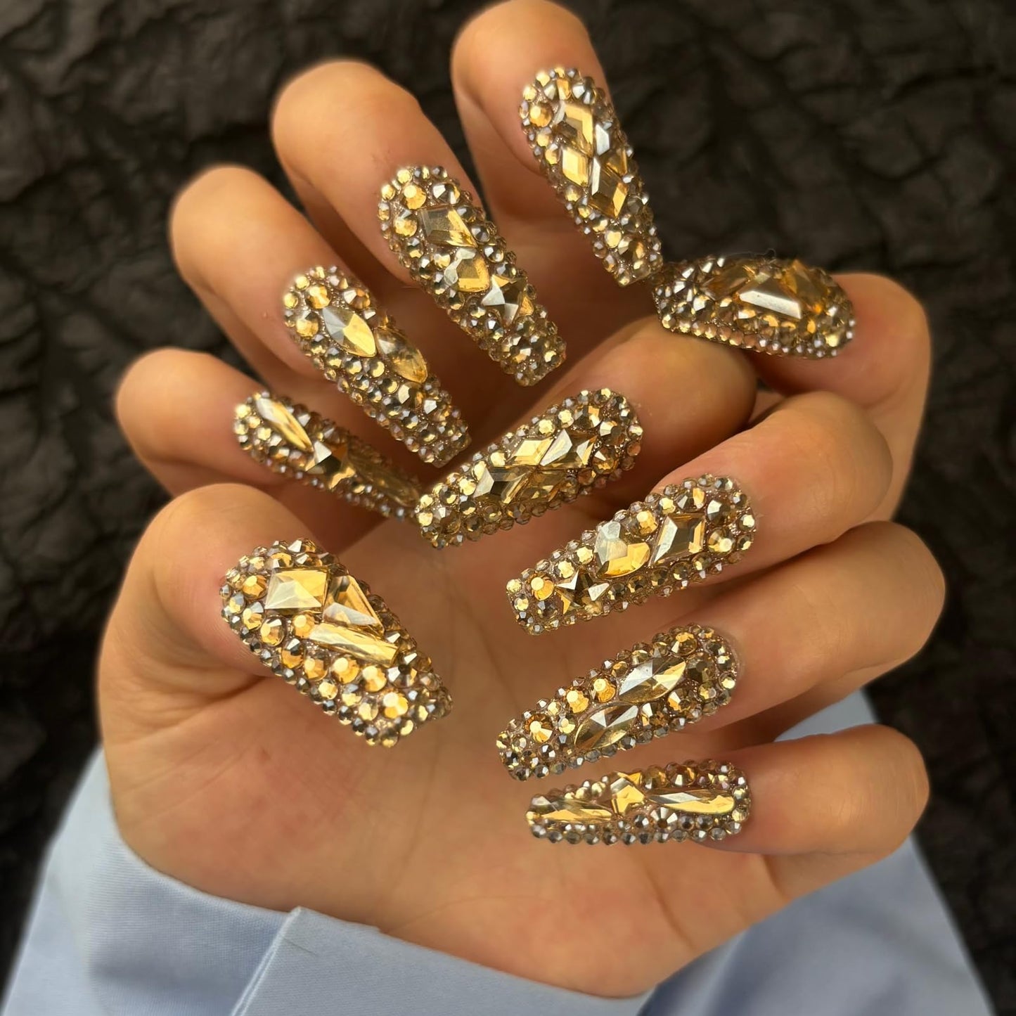 AKA Unicorn Trendy Handmade Press On Nails Long Square Shape,10Pcs Shimmery Acrylic Fake Nails with 3D Champagne Rhinestone Luxury Design Stick On Nail for Woman Gift