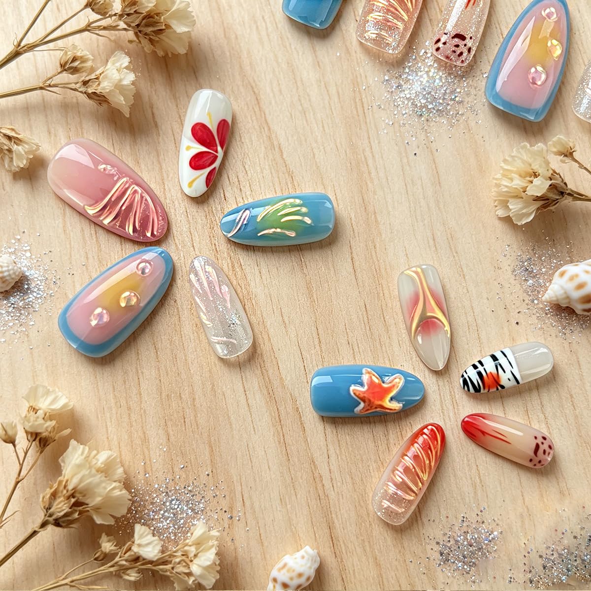 3D Press On Nails Almond Medium French Fake Nails with Cat's Eye Embossed Starfish Pearl Lines Summer Beach Designs, Acrylic Artificial Nail Press ons False Stick On Nails for Women Girls 30Pcs