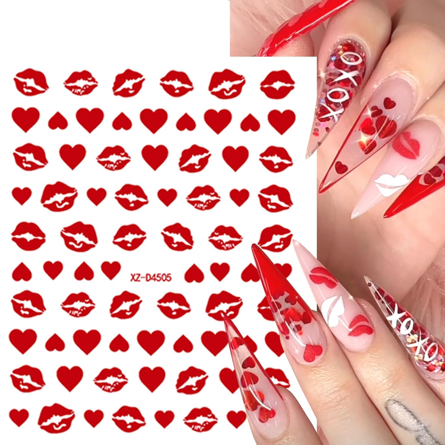 9Sheets Red Heart Nail Art Stickers 3D Romantic Valentines Nail Decals Self-Adhesive Cute Hollow Love Designs Nail Stickers for Acrylic Nails Red Lips Nail Decal for Women DIY Holiday Nails Decoration