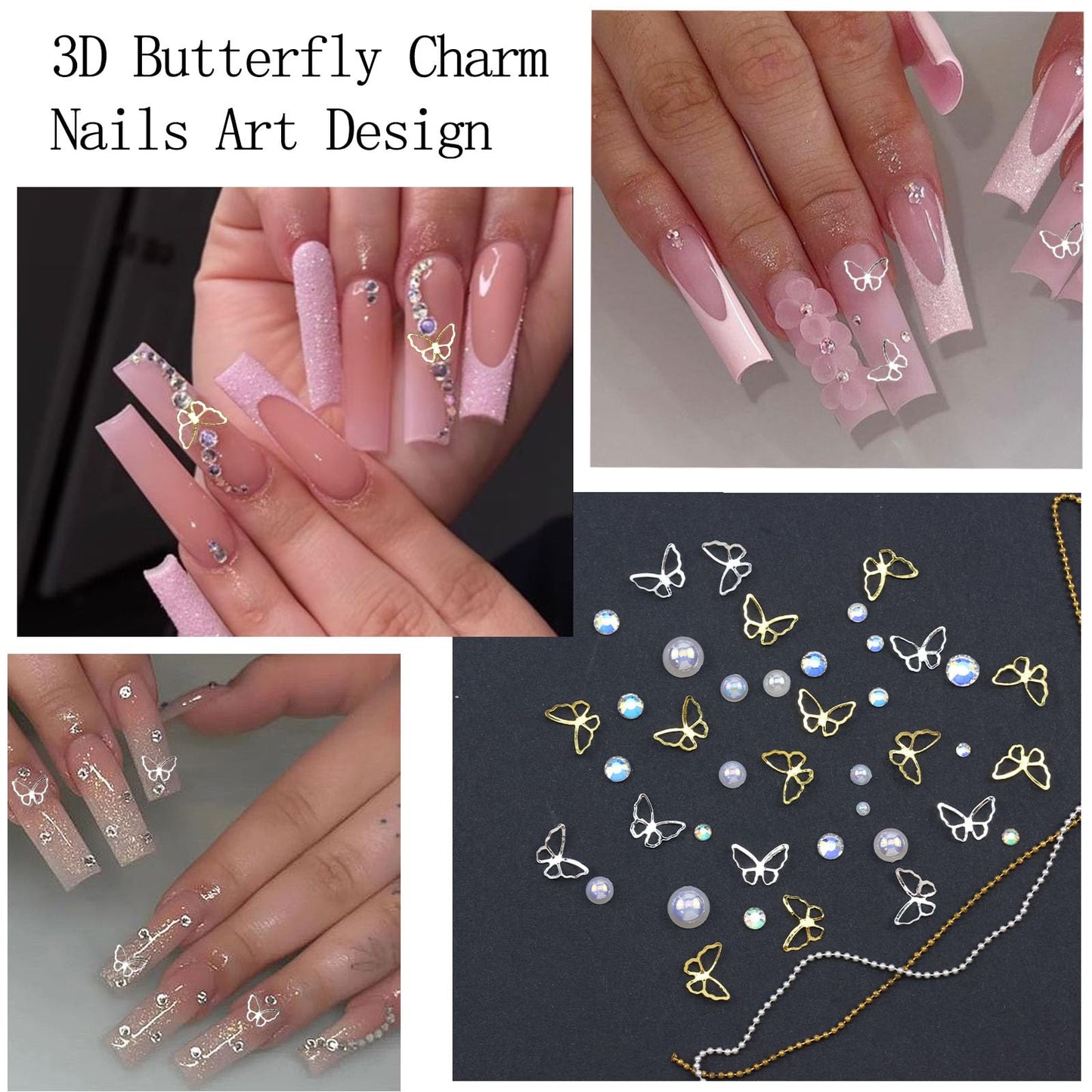 SEMATA White Flower Nail Art Charms 3D Flower Bow Nail Gems Mixed Size Flatback Nails Pearls Rhinestones Gold Silver Butterfly Nails Art Accessories Decoration Design for Women