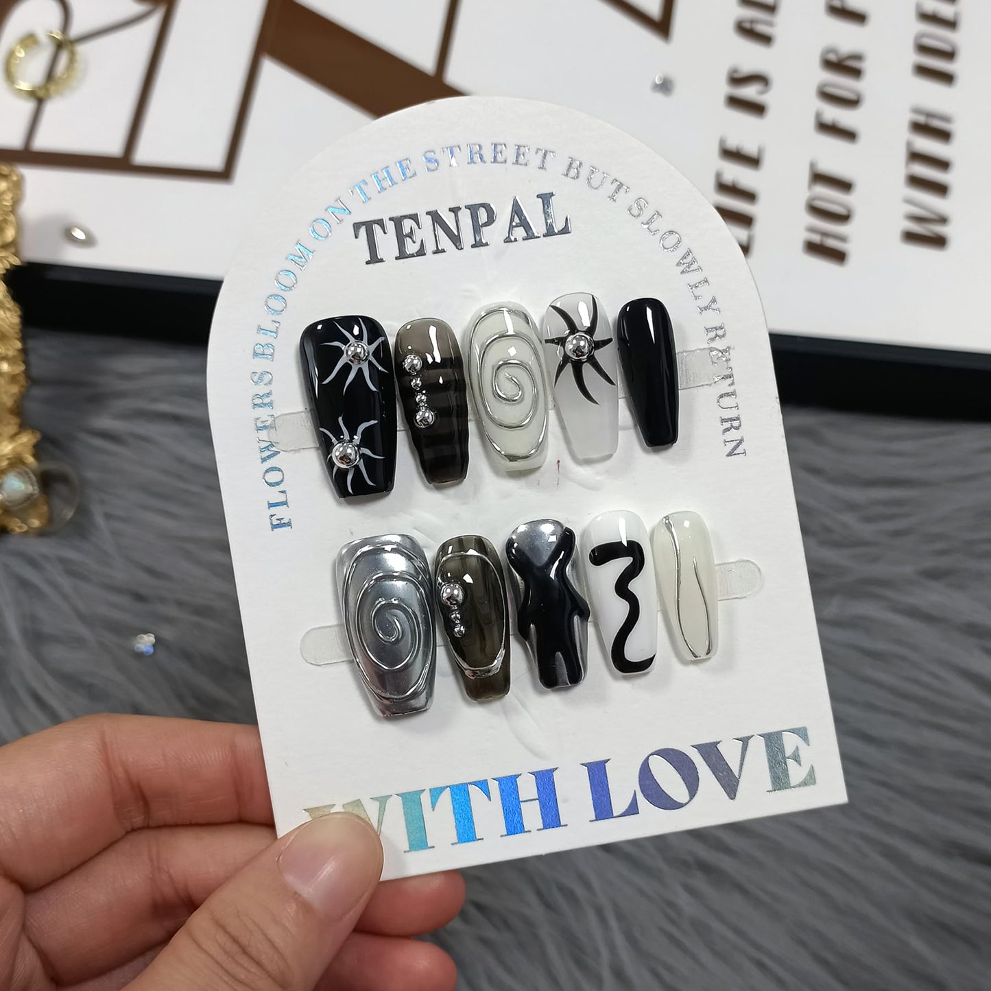 TENPAL Dark Silver Gothic Press on Nails Long Coffin Shape 3D Embossed Sun Design Fake Nails Hand Painted Art for Women Fall Winter Ins Style(XS)