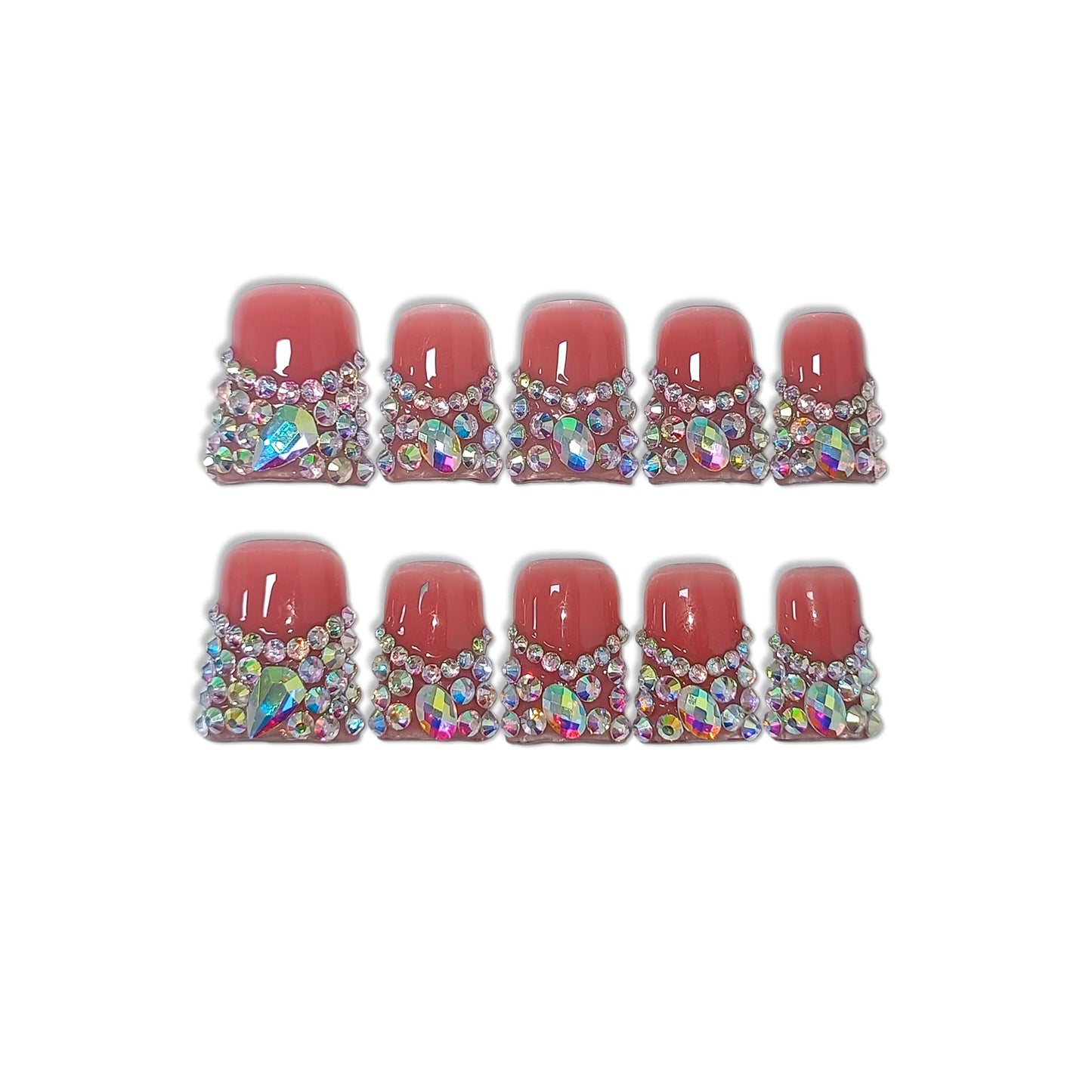 TENPAL 10Pcs Handmade Coffin Nails Kits,DuckBill Press On Nails With Tools,Icy Pink French Tip Fake Nails with Full Crystals Designs,Glitter Edgy Sweet Cool Acrylic Glue on Nails Short for Party(S)