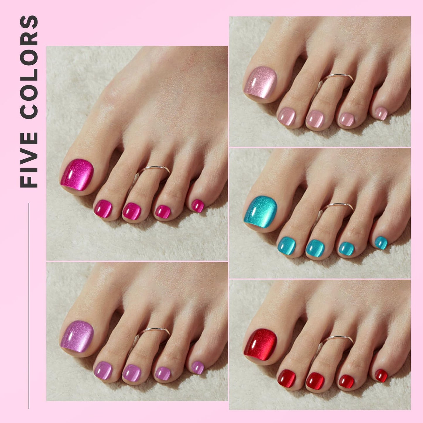 CUZIAM Cat Eye Toe Nail Press Ons Set, 5 Color Pastel Short Square Press on Toenails for Women, 120Pcs Nude Hot Pink Blue Purple Red Magnetic Gel Spring Summer Full Cover Glossy Acrylic Fake Toe Nails