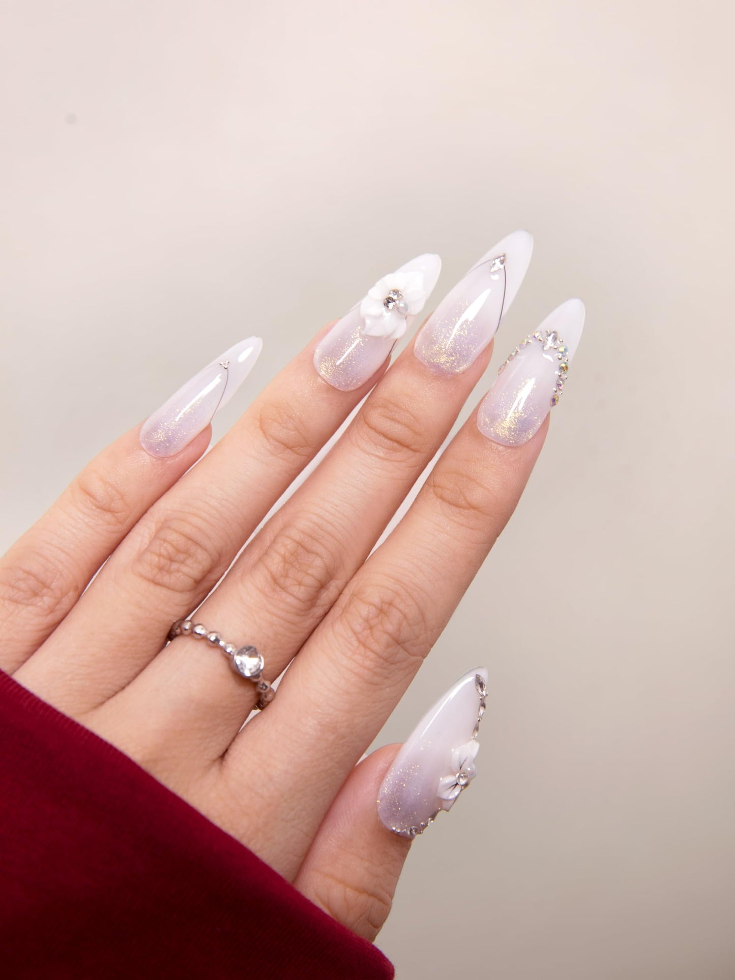 SIYOU Beauty | Love Sparkle | White Rhinestone Romantic Long Almond Press On Nails for Women (Large) - Reusable, Salon-Quality Fake Nails (10pc)