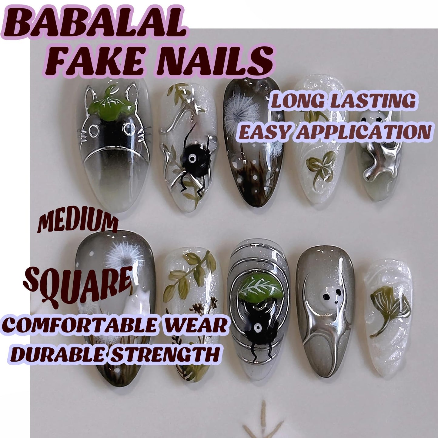BABALAL Press on Nails Medium Almond Fake Nails Black Gothic Glue on Ghost Decvil Punk 24Pcs Stiletto Acrylic Nails Anime Nails for Women Girls Halloween Supplies