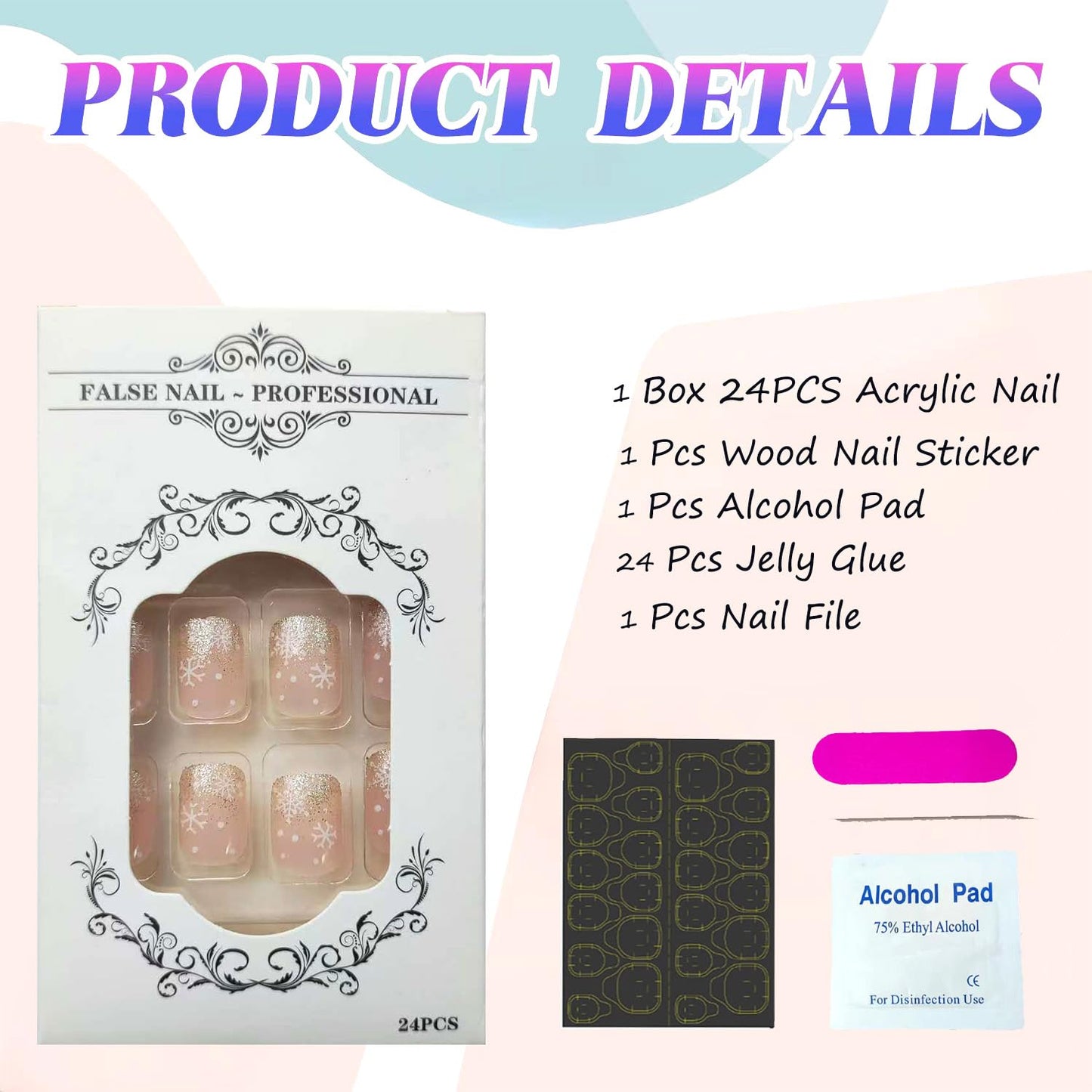 Christmas Short Press on Nails Matte Square Fake Nails with Gold Glitter Designs Black Snowflake False Nails Christmas Snowflake Artificial Acrylic Nails Christmas Stick on Nail for Women Girls 24Pcs